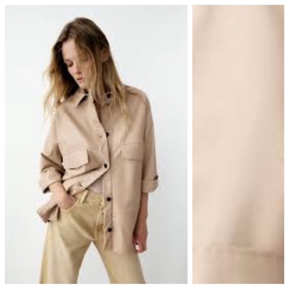 NWT. Zara Beige Faux Leather Overshirt with Chest Pockets. Size S. - Picture 3 of 10